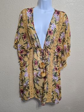 Time and Tru Yellow Floral Swim Coverup with Tassels